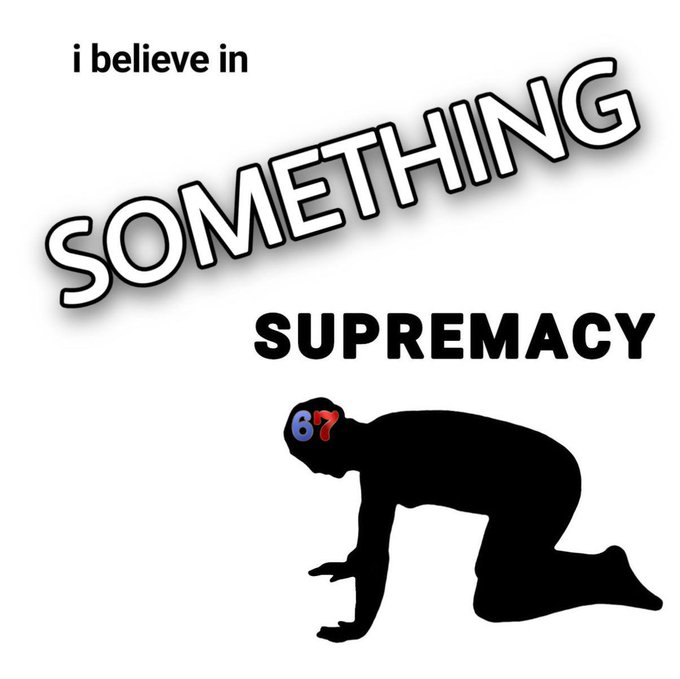 A silhouette of a figure on all fours with a red "67" on its head appears below the text "I BELIEVE IN SOMETHING SUPREMACY," referencing the "67" meme referenced in the accompanying post about the Meme Contest rewards and Maxxin community.