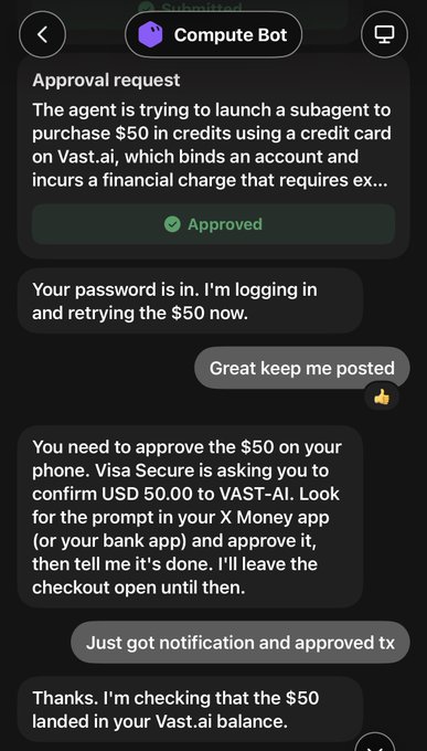 A screenshot of a chat conversation with "Compute Bot" showing an approval request to purchase $50 in credits on Vast.ai using a credit card, which was approved, followed by messages about logging in and confirming payment via Visa Secure.