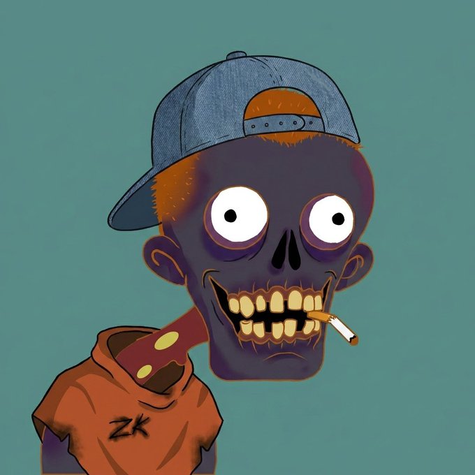 A cartoon illustration shows a zombie-like figure with an exposed jaw and skull features, wearing a backwards blue cap, an orange hoodie with 'ZK' on it, and holding a cigarette in its mouth.