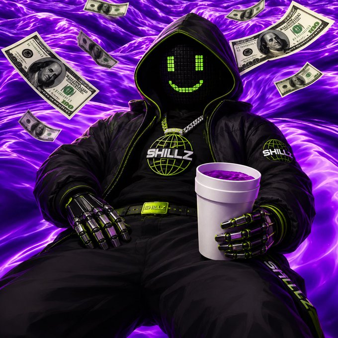 A character in a black 'SHILLZ' tracksuit and LED smiley-face mask holding a cup, surrounded by floating hundred-dollar bills against a purple backdrop.