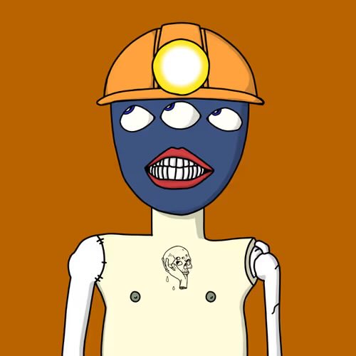 A cartoon illustration depicts a blue-faced character with multiple eyes, wearing an orange miner's hat with a glowing yellow light, and a white shirt featuring a small crying face tattoo on the chest.