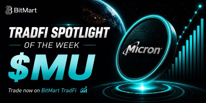 The image is a BitMart promotional graphic featuring "TRADFI SPOTLIGHT OF THE WEEK $MU" alongside the Micron logo, set against a cosmic background with an ascending bar chart. It visually reinforces the post's message by highlighting Micron ($MU) as the week's featured TradFi stock and showcasing its connection to AI-driven memory solutions.