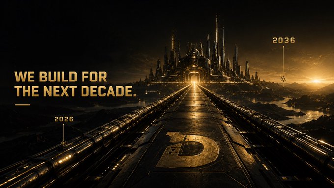The image depicts a futuristic, golden-lit cityscape at the end of a long pathway marked with a large "D," accompanied by the bold text "WE BUILD FOR THE NEXT DECADE." The dates "2026" and "2036" are displayed on either side, visually reinforcing the post's message of long-term, deliberate progress beyond short-term hype.