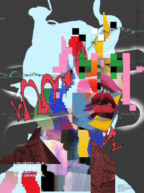 A glitch-art digital collage portrait with pixelated colorful distortions, text reading 'LIQUIDITY IS A LANGUAGE,' and graffiti-style red lettering.
