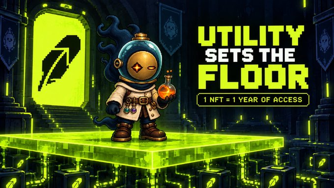 A promotional graphic with the text 'UTILITY SETS THE FLOOR' and '1 NFT = 1 YEAR OF ACCESS', featuring a cartoon character in a space helmet holding a potion flask in a green-lit digital environment.