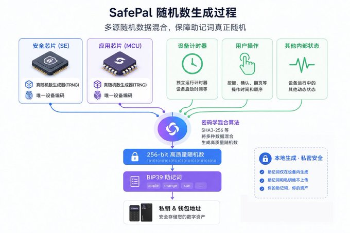 A Chinese-language infographic titled 'SafePal 随机数生成过程' (SafePal Random Number Generation Process) detailing how the cryptocurrency wallet combines multiple entropy sources (security chip SE, MCU, device timers, user operations) with SHA3-256 to generate 256-bit high-entropy random numbers for BIP39 mnemonics.