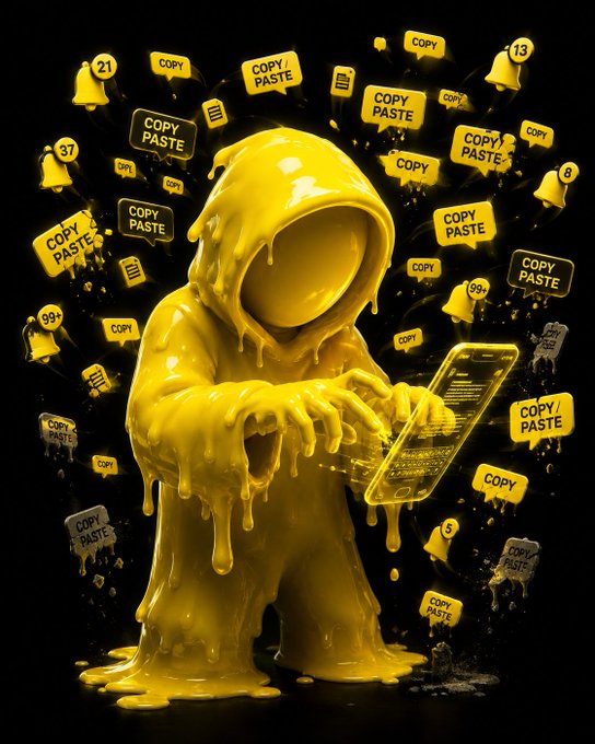 A yellow 3D-rendered hooded figure melting while typing on a glowing keyboard, surrounded by floating notification bubbles reading "COPY PASTE" and "COPY".