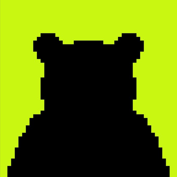 A minimalist black pixel-art silhouette of a creature with horns or ears against a bright lime green background.