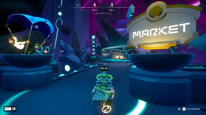 Gameplay screenshot from a colorful 3D racing game showing a kart near a 'MARKET' sign in a glowing worldstone environment.