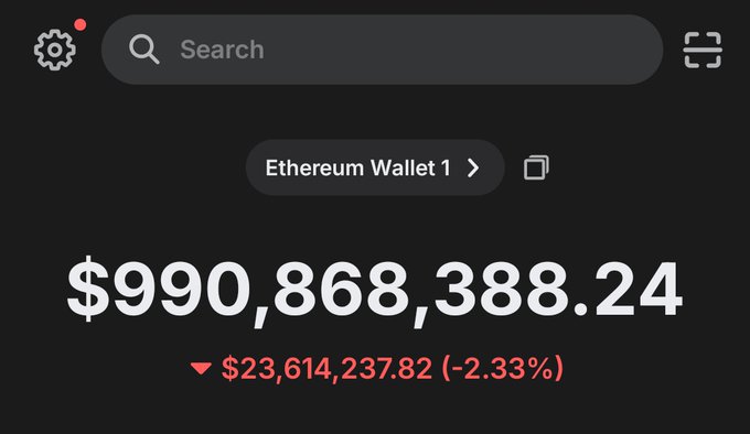 Etherium Wallet 1 screen displays a black background, white text, and a red dollar sign with the number $99,868,838,824.