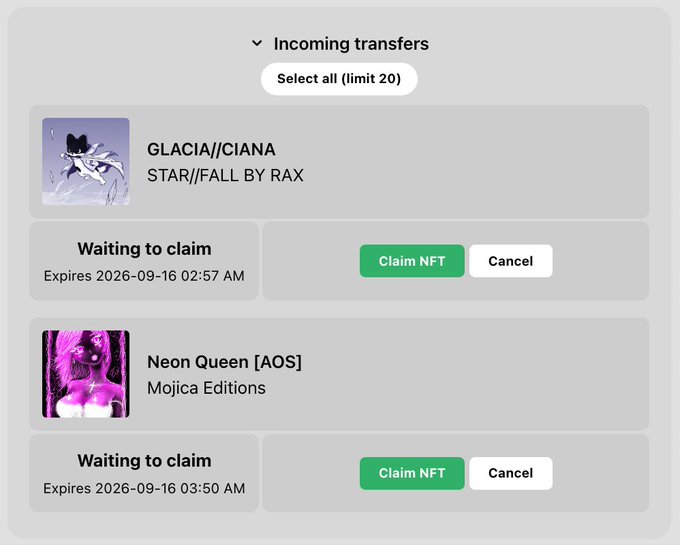 A digital wallet interface showing two incoming NFT transfers—"GLACIA/CIANA STAR//FALL BY RAX" and "Neon Queen [AOS] by Mojica Editions"—both in "Waiting to claim" status with expiration dates in September 2026, illustrating the XRP NFT claiming process mentioned in the post where purchasers receive a separate claim request after minting.