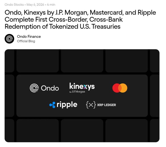 The image shows a blog post header from Ondo Stocks (May 6, 2026) announcing that Ondo, Kinexys by J.P. Morgan, Mastercard, and Ripple have completed the first cross-border, cross-bank redemption of tokenized U.S. Treasuries, featuring the logos of Ondo, Kinexys by J.P. Morgan, Mastercard, Ripple, and XRP Ledger. This visually represents the institutional partnerships highlighted in the post, including the launch of Ondo's OUSG tokenized Treasury fund on the XRPL and the groundbreaking cross-border Treasury redemption collaboration.