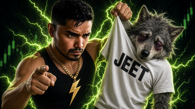 A stylized image of a muscular man with a lightning bolt necklace pointing at the viewer while holding up a t-shirt reading 'JEET' on a wolf, set against a green lightning background.
