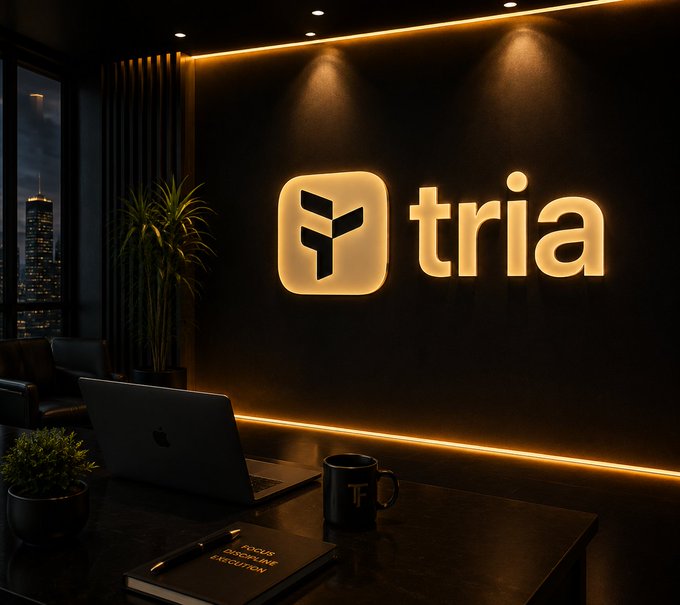 A modern dark office interior with a large illuminated 'tria' logo on the wall, featuring a MacBook, coffee mug, and potted plants on a desk with warm orange accent lighting.
