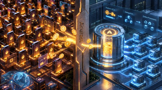 A futuristic digital artwork depicting a blockchain/DeFi concept with stacks of gold coins, a glowing 'A' emblem, and labeled sections showing 'Staked ACU,' 'Delegation,' and 'Online Processors' in a cyberpunk cityscape.