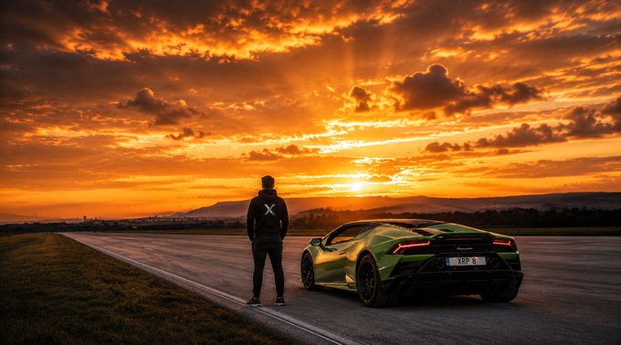 The image features a man standing next to a green sports car, both facing away from each other. The setting sun casts an orange glow over the scene, creating a warm and inviting atmosphere. The man appears to be wearing a black jacket as he gazes at the sunset. The background of the photo is filled with clouds, adding depth and texture to the image.
