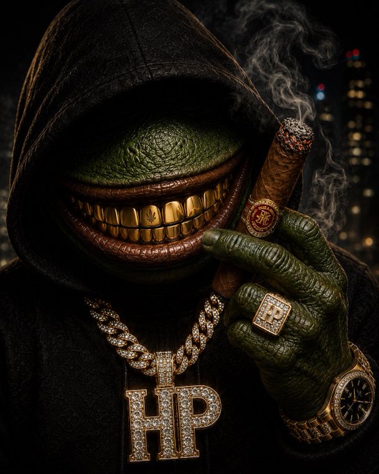 A green-skinned character with a wide gold-toothed grin, wearing a hood, smoking a cigar, and sporting diamond 'HP' chains and jewelry.