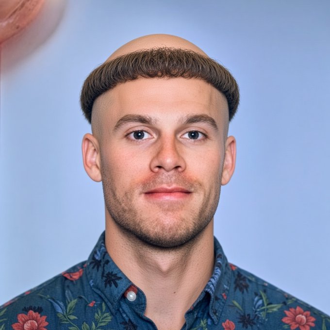 A portrait of a bald man wearing a dark floral patterned shirt, featuring an oddly placed lock of brown hair floating just above his head.