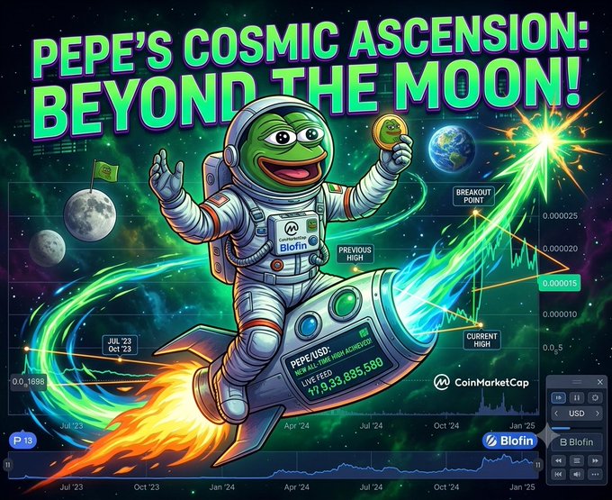 A vibrant, meme-style graphic titled 'PEPE'S COSMIC ASCENSION: BEYOND THE MOON!' depicting a Pepe the Frog astronaut riding a rocket through space with trading charts and statistics visible on the dashboard.