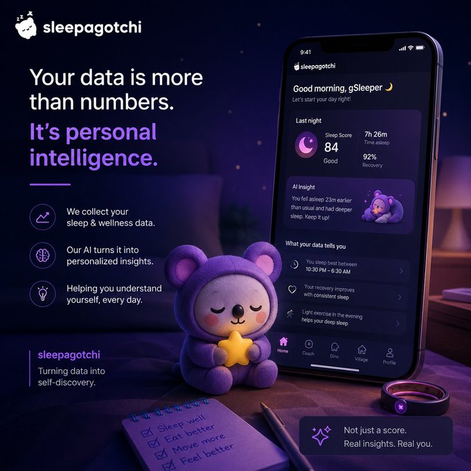 An advertisement for "sleepagotchi" featuring the tagline "Your data is more than numbers. It's personal intelligence," showing a purple bear-like plush character alongside a smartphone displaying sleep tracking metrics and an AI insight.