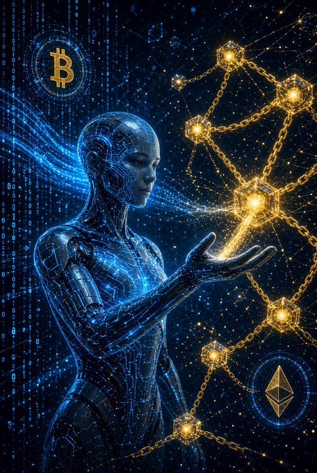 A digital artwork depicting a humanoid figure with circuit-board patterns holding a glowing golden blockchain structure, with Bitcoin and Ethereum symbols visible in a starry blue space-themed background.