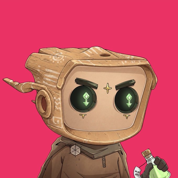 A digital illustration depicts a wooden robot-like character with glowing green diamond-shaped eyes, wearing a brown robe and holding a green potion bottle against a bright pink background.