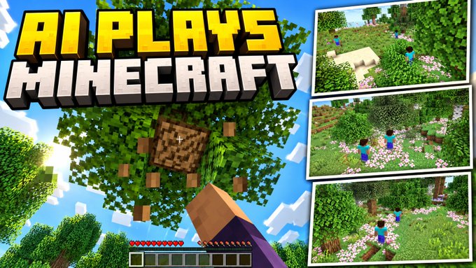 A thumbnail-style image with text 'AI PLAYS MINECRAFT', showing gameplay screenshots of Minecraft with an AI-controlled character chopping wood in a forest.