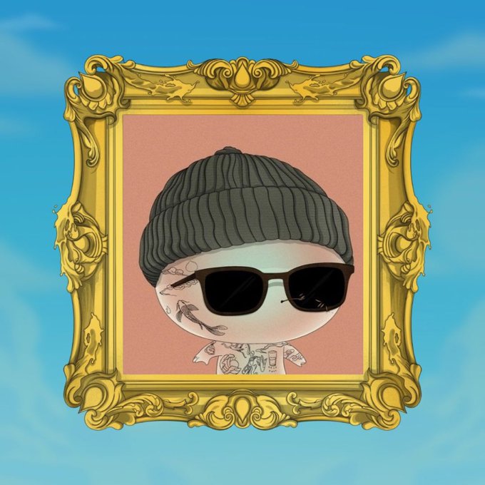 A Funko Pop-style figure of a tattooed character wearing a black beanie and sunglasses, displayed within an ornate gold picture frame against a blue sky background.