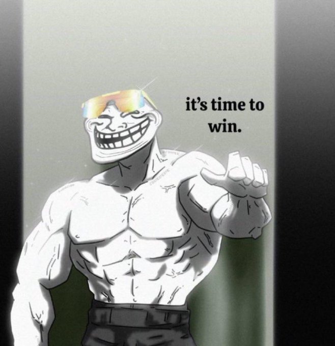 The image features a muscular man with sunglasses, who appears to be flexing his muscles as if he's about to win an arm wrestling match or something similar. The caption of the image reads "its time to win", which seems to be a reference to the post that says "its time to win".