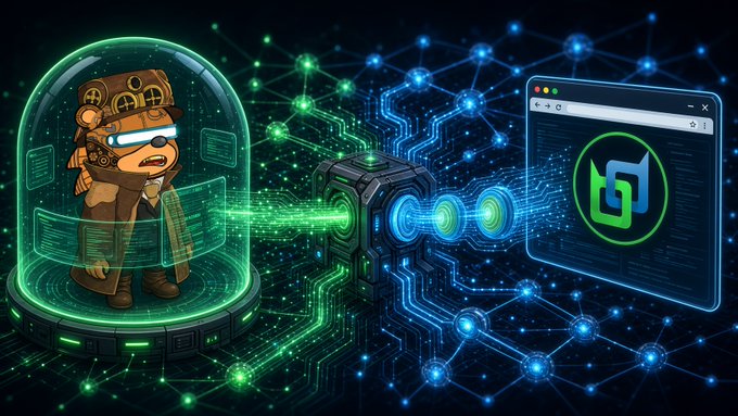 A digital illustration depicting a cyberpunk-style teddy bear in a green holographic pod, connected via glowing blue energy lines and circuitry to a laptop displaying a green 'D' logo.
