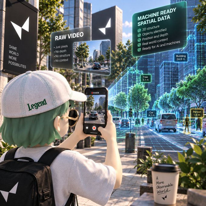 An illustration depicts a person with green hair and a 'Legend' cap filming a street scene on a smartphone, with AR overlays labeling elements like 'RAW VIDEO' (showing 'Just pixels', 'No depth', 'No structure', 'No context') and 'MACHINE READY SPATIAL DATA' (listing features like '3D structure' and 'Objects identified') alongside measurements for buildings, trees, and people.