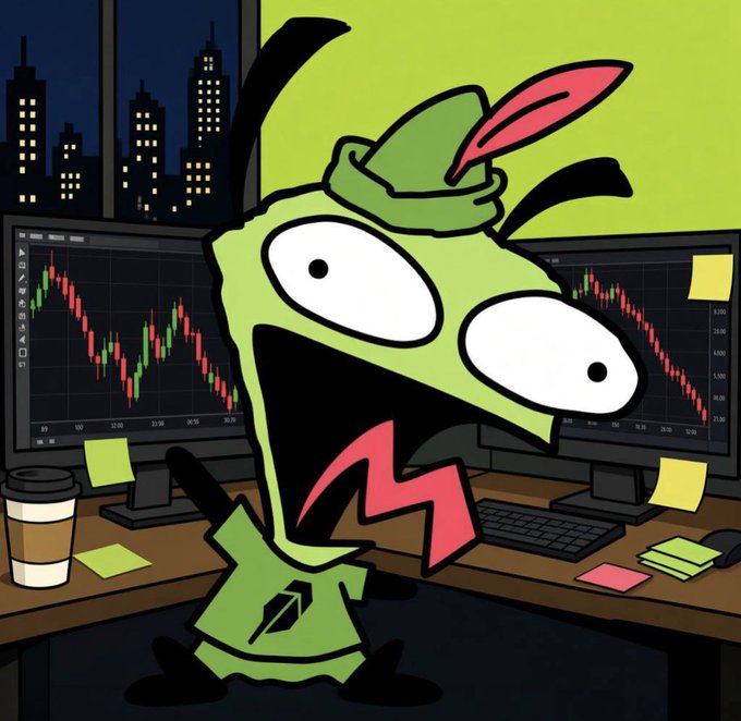 A cartoon green character in a Robin Hood hat panics in front of two computer monitors displaying red downward trading charts at night.
