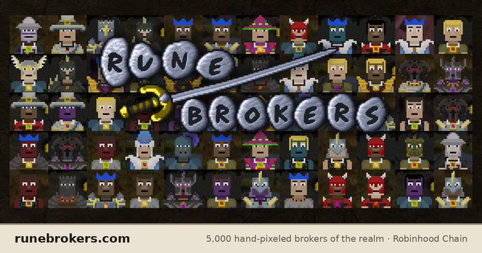 The image is a promotional graphic for "Rune Brokers," featuring the title in stone-textured lettering crossed by a sword, above a grid showcasing dozens of pixelated character sprites (including wizards, knights, goblins, and monsters), with text reading "runebrokers.com" and "5,000 hand-pixeled brokers of the realm · Robinhood Chain."

The image relates to the post by depicting the NFT collection the user wants to buy from — the hand-pixeled brokers on Robinhood Chain — while the caption highlights their concern about competing against sniping bots that make it difficult for single-wallet users to win NFT mints at fair prices.