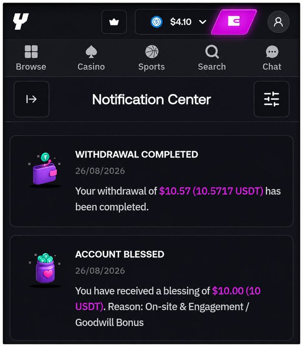 A screenshot of a gambling/betting app's 'Notification Center' showing two messages: 'WITHDRAWAL COMPLETED' for $10.57 USDT and 'ACCOUNT BLESSED' for $10.00 USDT, both dated 26/08/2026.