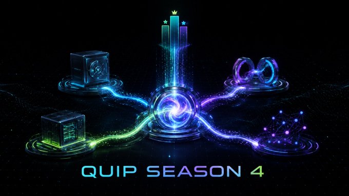 A futuristic neon graphic for 'QUIP SEASON 4' featuring interconnected holographic elements including a central orb, cubes, a graph, and glowing energy streams against a dark background.