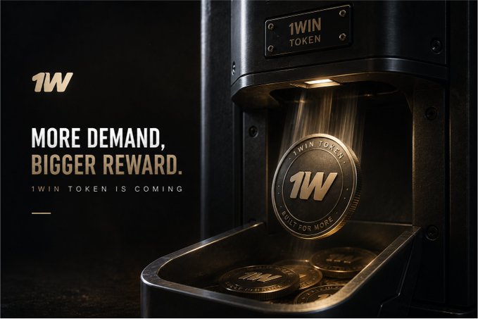A promotional advertisement for '1WIN TOKEN' displays the text '1W MORE DEMAND, BIGGER REWARD. 1WIN TOKEN IS COMING' alongside an image of a machine dispensing gold 1W tokens.