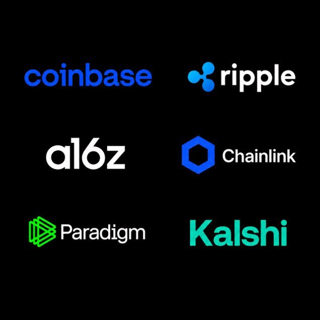 A black background displays the logos of six companies: Coinbase, Ripple, a16z, Chainlink, Paradigm, and Kalshi.