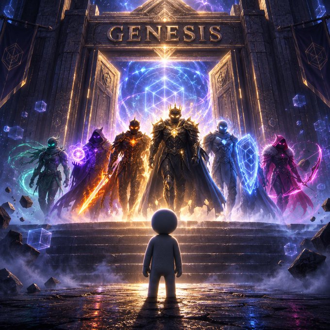 An epic fantasy scene labeled 'GENESIS' depicting a small silhouetted figure standing on stone steps facing five glowing armored warriors radiating blue, purple, and fiery energy.