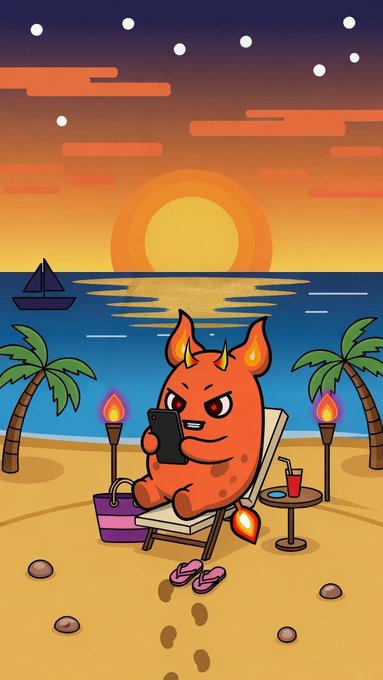 A cartoonish orange horned creature relaxes on a beach lounge chair under a sunset sky while playing on a smartphone, with palm trees, a sailboat, and a tropical drink completing the scene—visually matching the caption about chilling at the beach, testing "Baxie Reborn," and promoting the upcoming $RON event.
