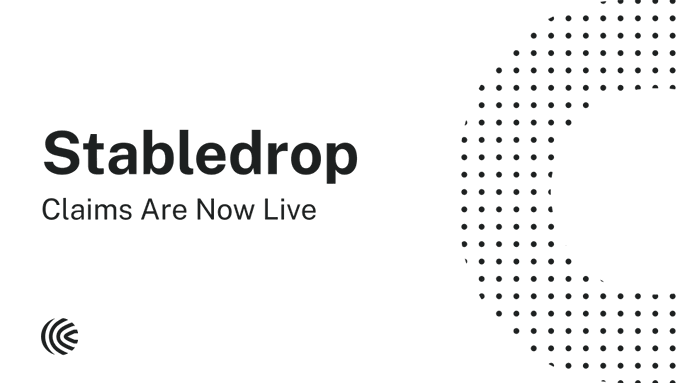 Announcement graphic reading 'Stabledrop - Claims Are Now Live' with a dotted world map design on a white background.