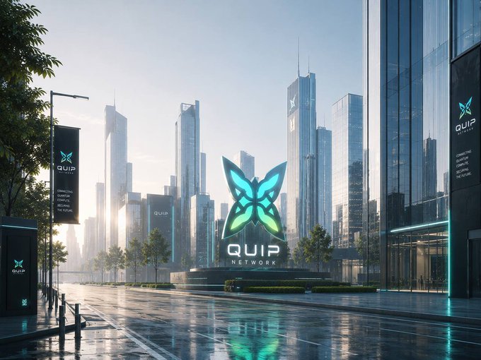 A futuristic cityscape with a glowing turquoise butterfly logo and "QUIP NETWORK" text dominates the skyline, alongside billboards and a building marked with "QUIP" branding. The post suggests that quantum computing threatens to break the economics of cryptography, making attacks rational once breaking the system costs less than the value it protects.