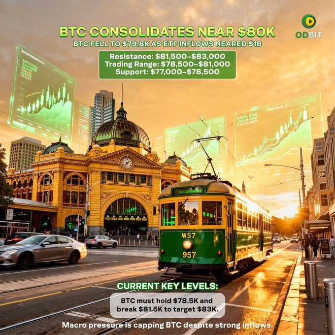A stylized sunset cityscape featuring a green and yellow tram (W57, #957) passing a historic domed building, overlaid with Bitcoin market analysis graphics from ODBIT showing BTC consolidating near $80K, having fallen to $79.8K with ETF inflows nearing $1B, resistance at $81,500-$83,000 and support at $77,000-$78,500, noting BTC must hold $78.5K and break $81.5K to target $83K amid macro pressure. The image visually reinforces the post's theme of Bitcoin consolidating near $79.8K as ETF inflows support elevated levels despite renewed macroeconomic pressure.