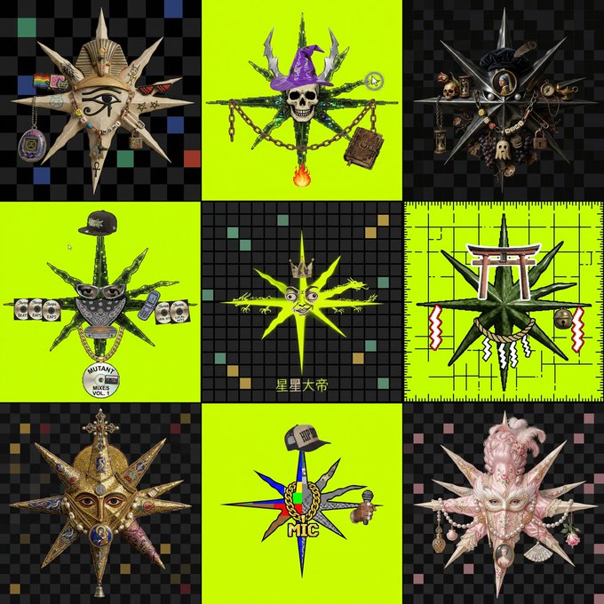 This 3x3 grid displays nine unique, star-shaped artworks featuring diverse symbols like masks, skulls, and torii gates, with text such as "MUSTANG MIXES" and "MIC" visible, representing the "STARHOODZ" project mentioned in the prompt as looking for stars from the hood.