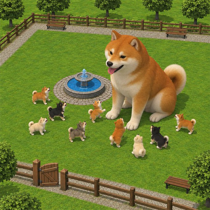 A whimsical 3D-rendered scene showing a giant Shiba Inu dog sitting in a fenced grassy park with a fountain, surrounded by several small puppies gathered around it.