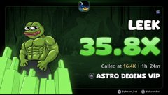 A sports betting screen for cricket showing 'LEEK 35.8x' for 'ASTRO DEGENS VIP' called at 16.4k / 1h 34m.
