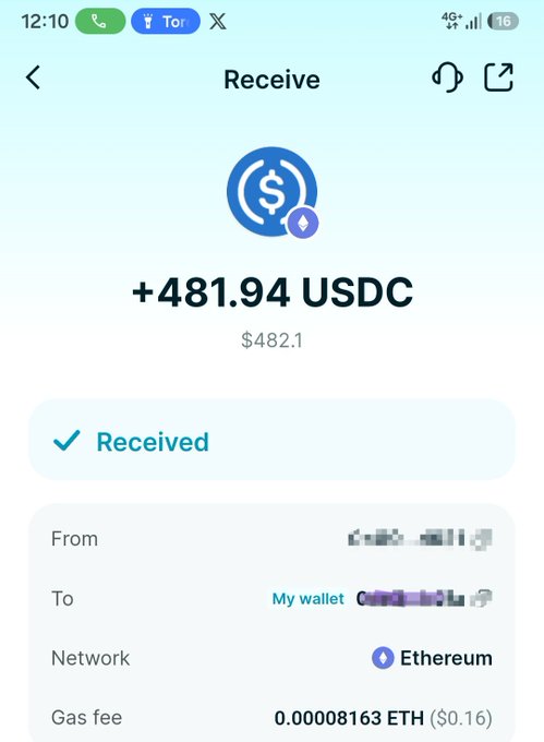A mobile screenshot of a crypto wallet "Receive" confirmation showing +481.94 USDC ($482.10) successfully received on the Ethereum network, with a gas fee of 0.00008163 ETH ($0.16). The image visually supports the post's claim of a "3 fig" (three-figure, i.e., $400+ amount) Web3 win this month, crediting @Al_Nadim_nabil and @clashoAi.