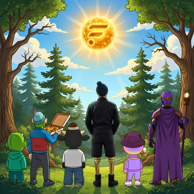 The image features a group of people standing together, with one person wearing a purple robe and holding a sword. They are all looking up at the sky, which has a sunburst shape. The background includes trees and a forest setting. There is also an illustration of pizza on display in front of them. The post that accompanies this image reads: "Future is bright $FLR".
