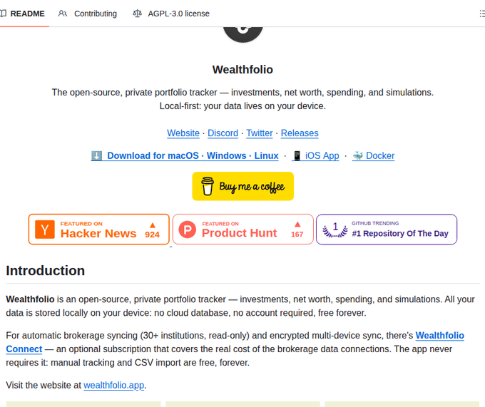 A GitHub README page for 'Wealthfolio', an open-source, private portfolio tracker for investments, net worth, spending, and simulations, available for macOS, Windows, Linux, iOS, and Docker.