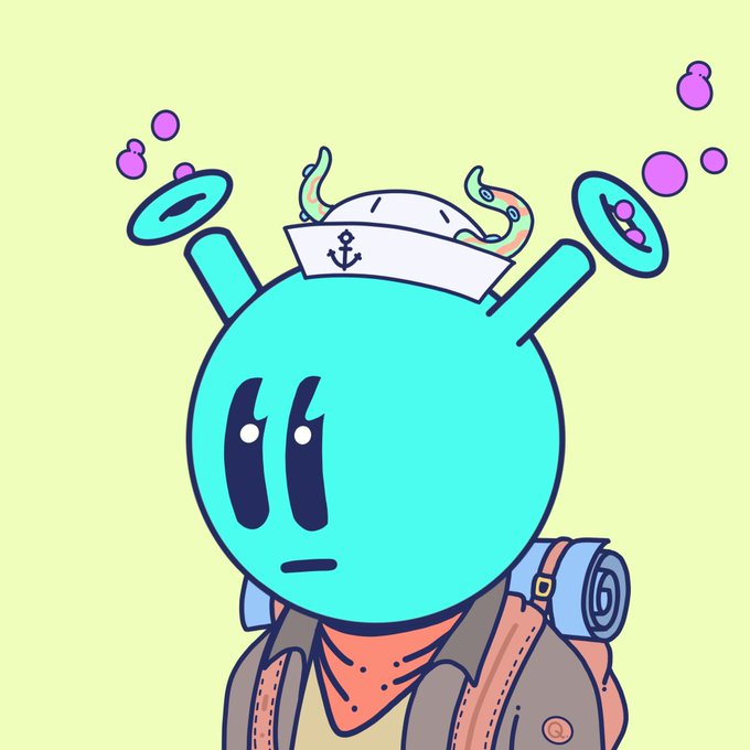 A cartoon illustration of a teal character wearing a sailor hat with an anchor, sporting swirls on its head and carrying a backpack, against a light green background.