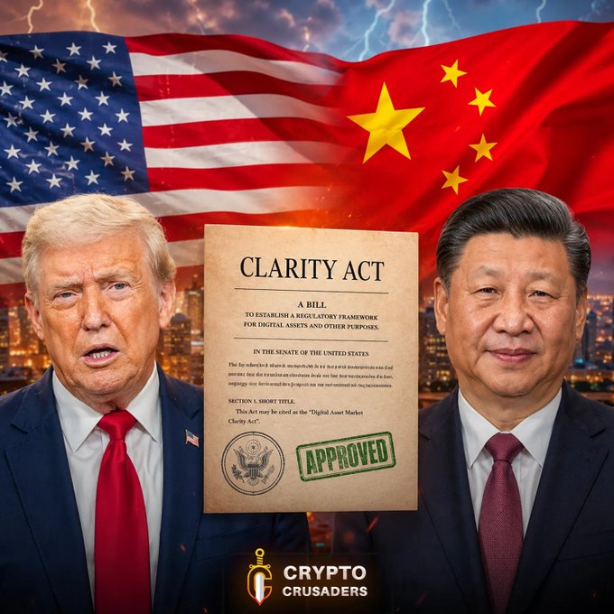 An image shows Donald Trump and Xi Jinping in front of American and Chinese flags, with a document titled "CLARITY ACT" about digital assets. This visually relates to the post's mention of President Trump's statement about not wanting China to "take over crypto" and the desire for clarity regarding $XRP.